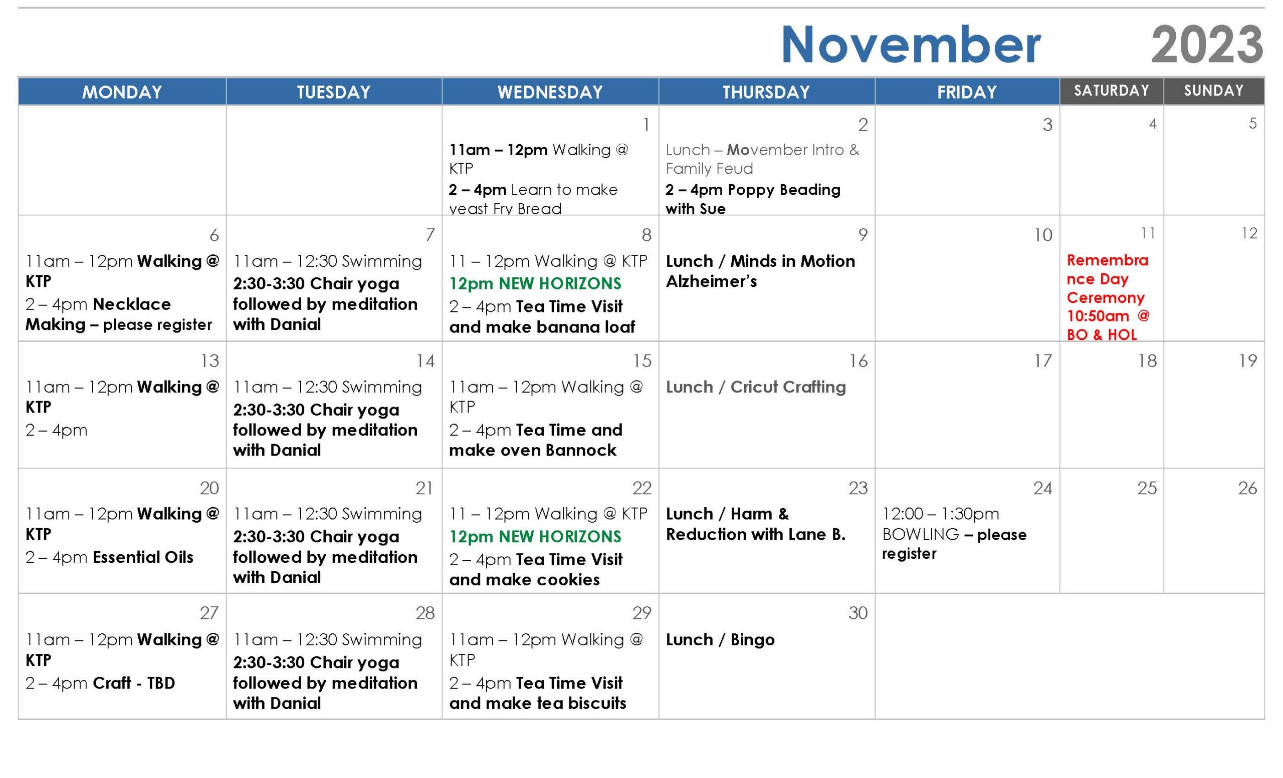 November Elders events calendar