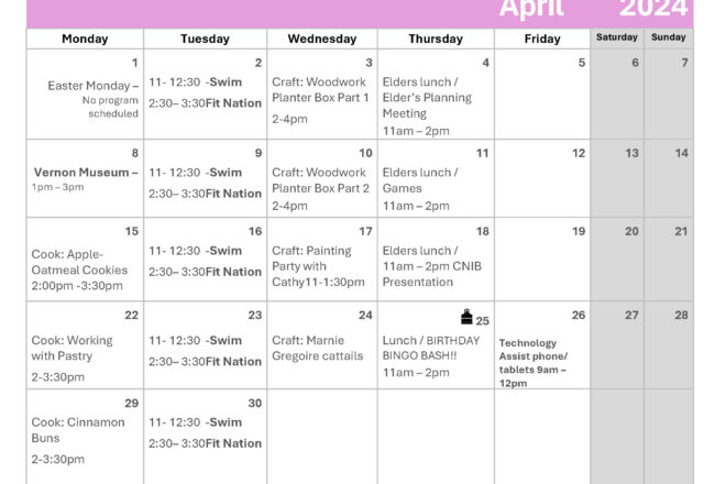 April Elders Events Calendar