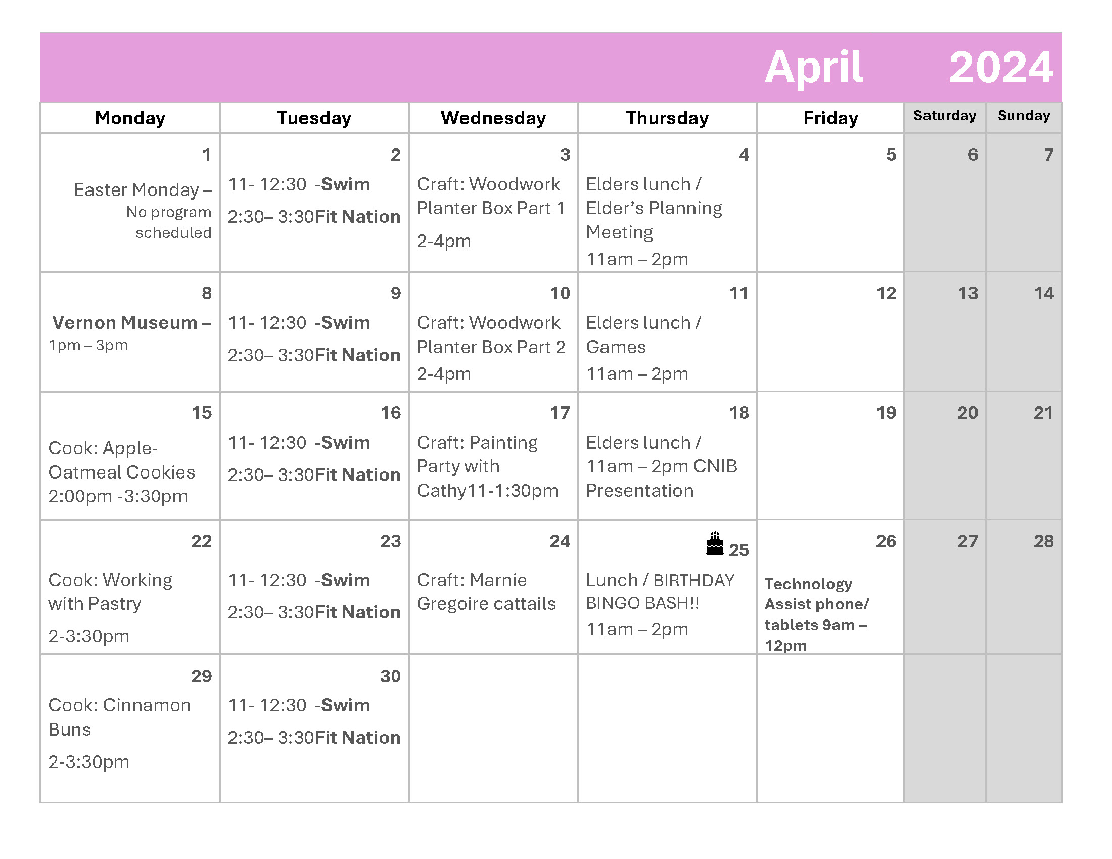 April Elders Events Calendar
