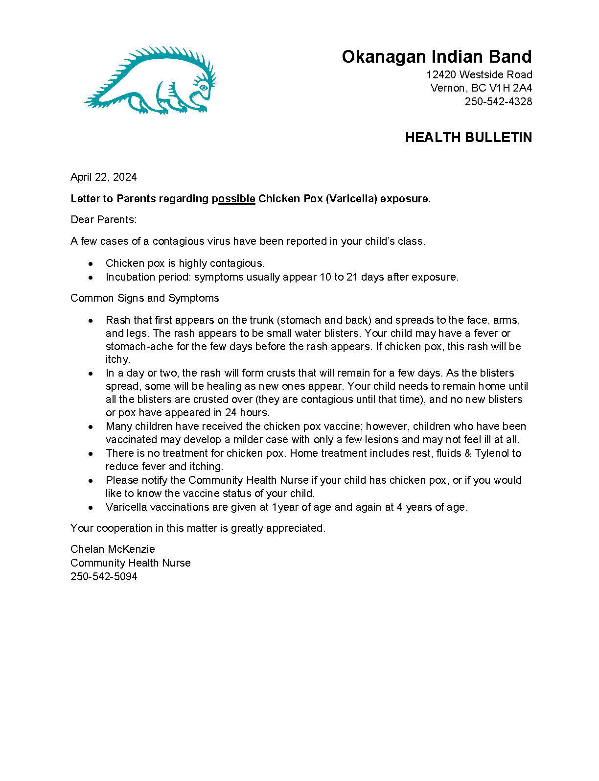 Letter to Parents Regarding possible Chicken Pox exposure