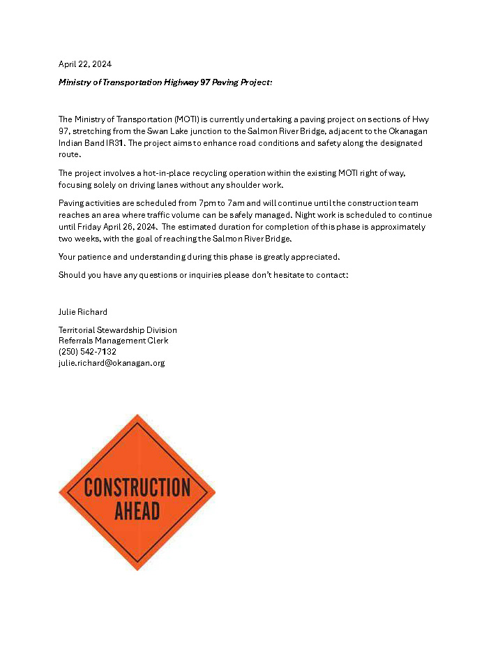 MOTI update on HWY 97 paving project