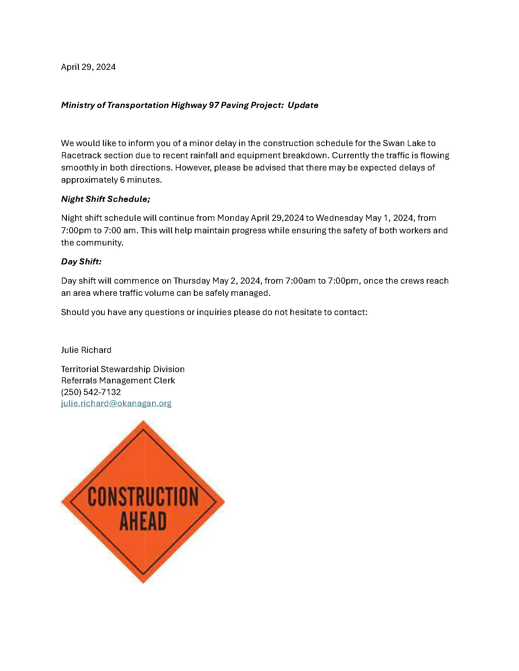 Ministry of Transportation Highway 97 Paving Project:  Update 