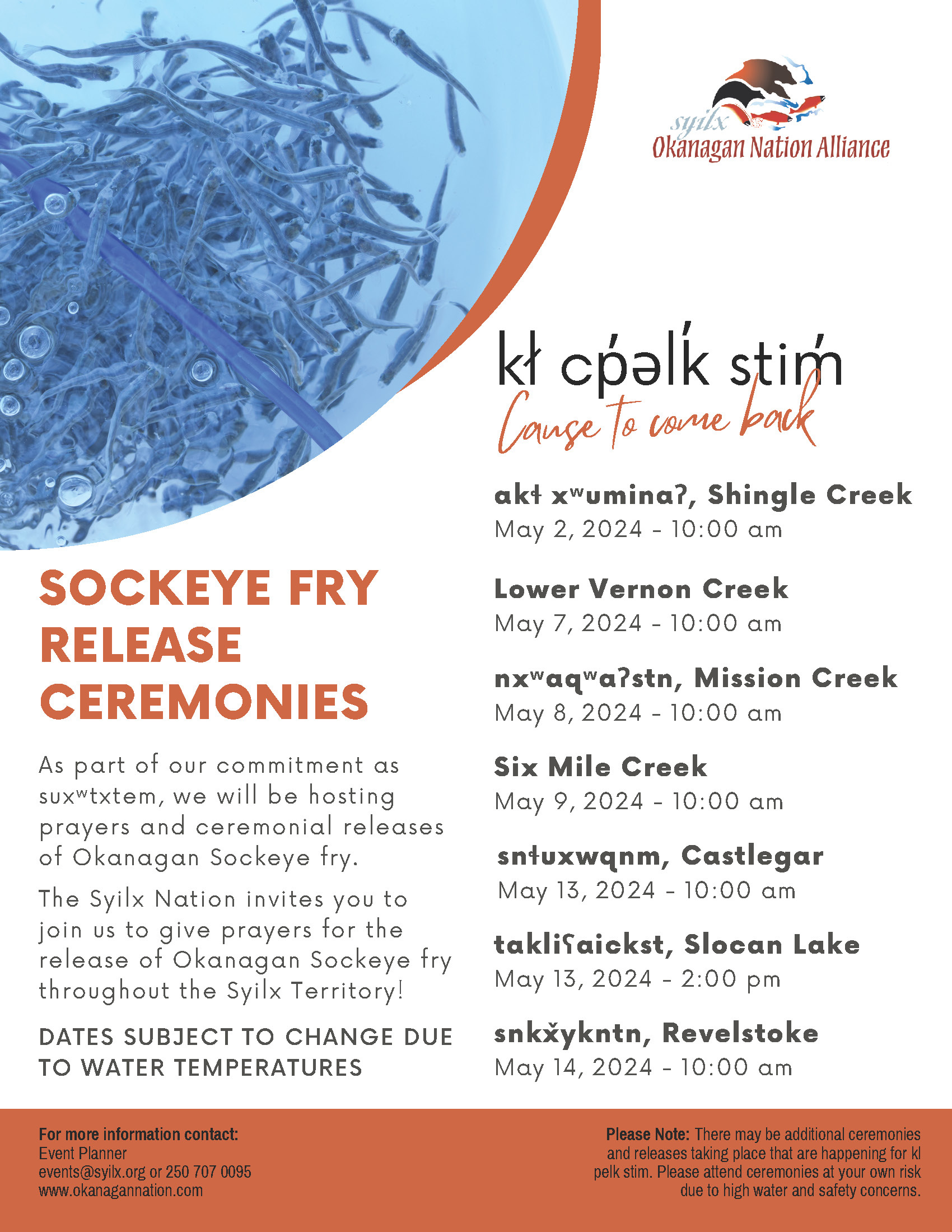 Sockeye Fry Release Ceremony – May 9th, 10AM @ Six Mile Creek