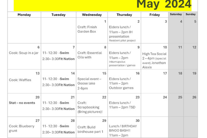 Elders activities calendar for May