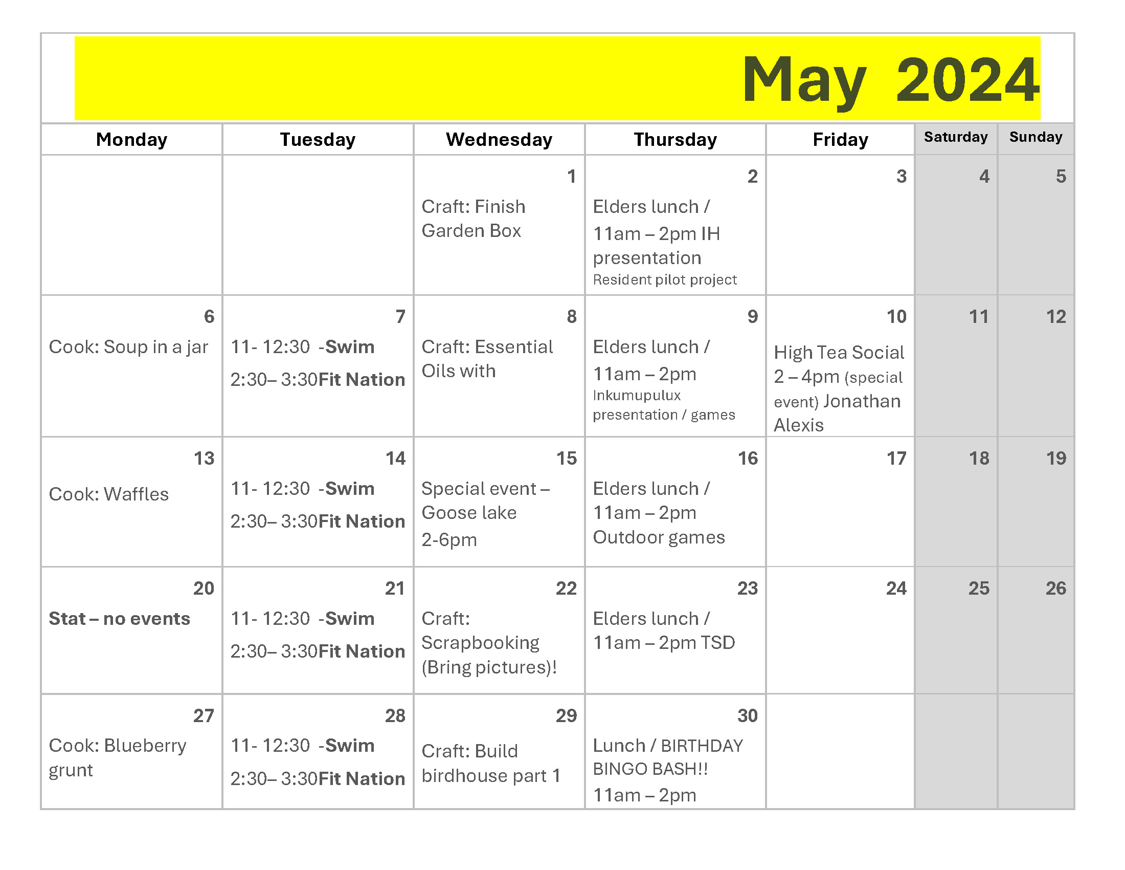Elders activities calendar for May