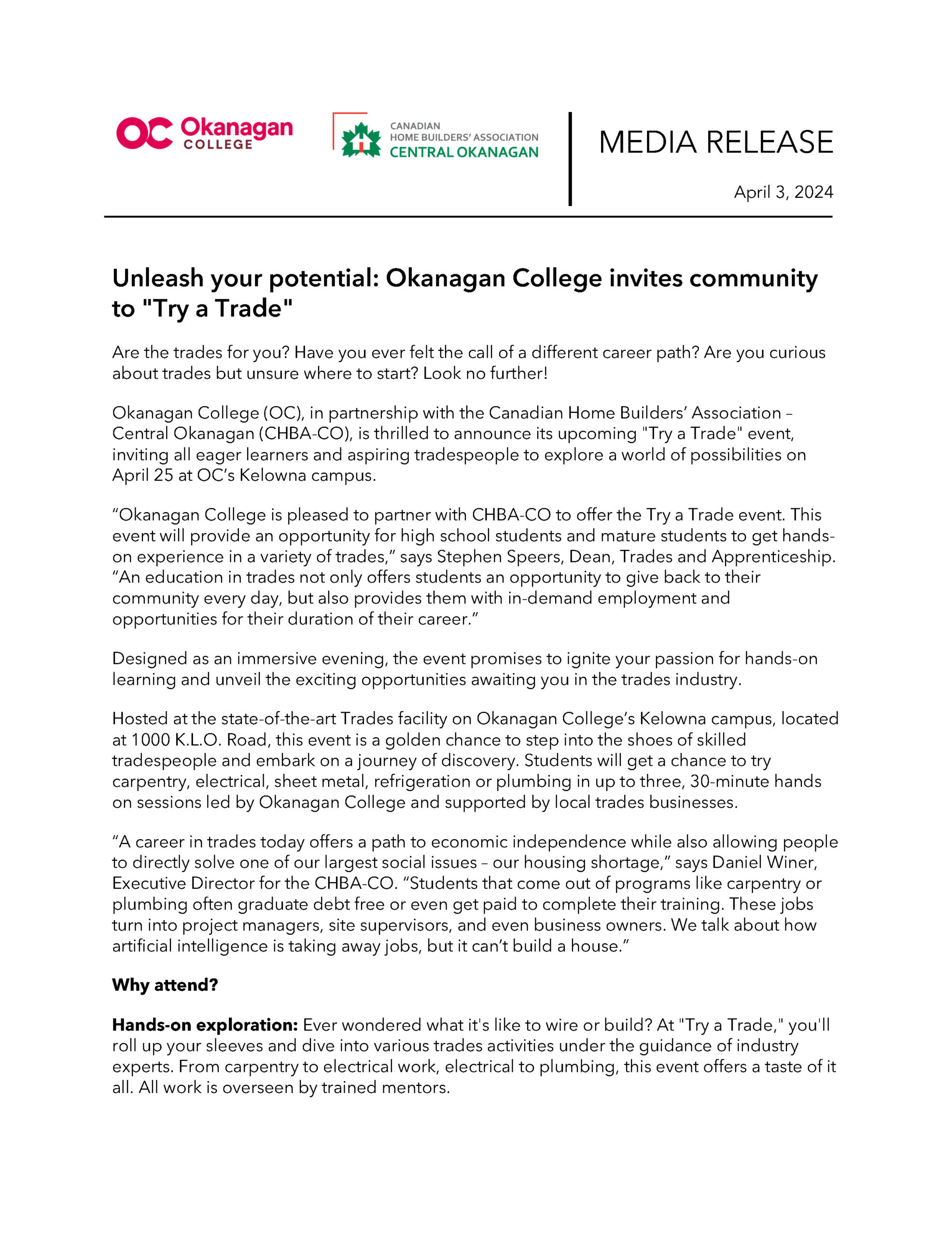Okanagan College ‘Try a Trade’ program