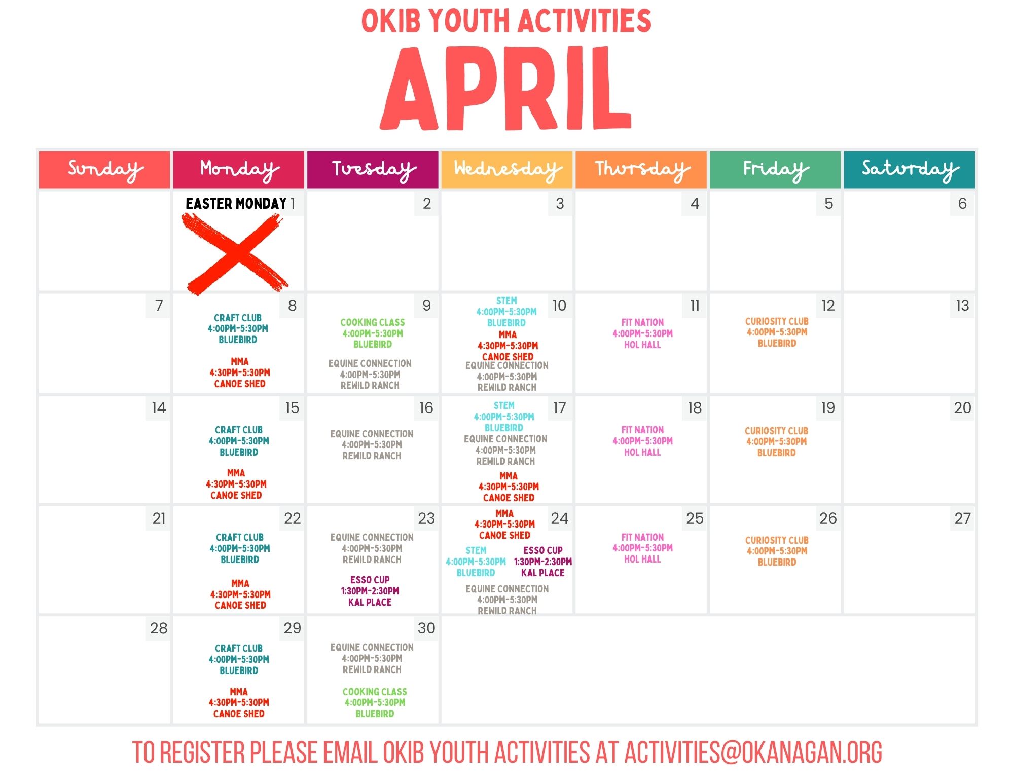 Youth Activities April Calendar
