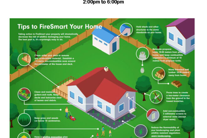Information Session on the FireSmart Program: FireSmart Begins at Home@Winfield Memorial Hall 10130 Bottom Wood Lake Rd, May 15, 2:00pm to 6:00pm.