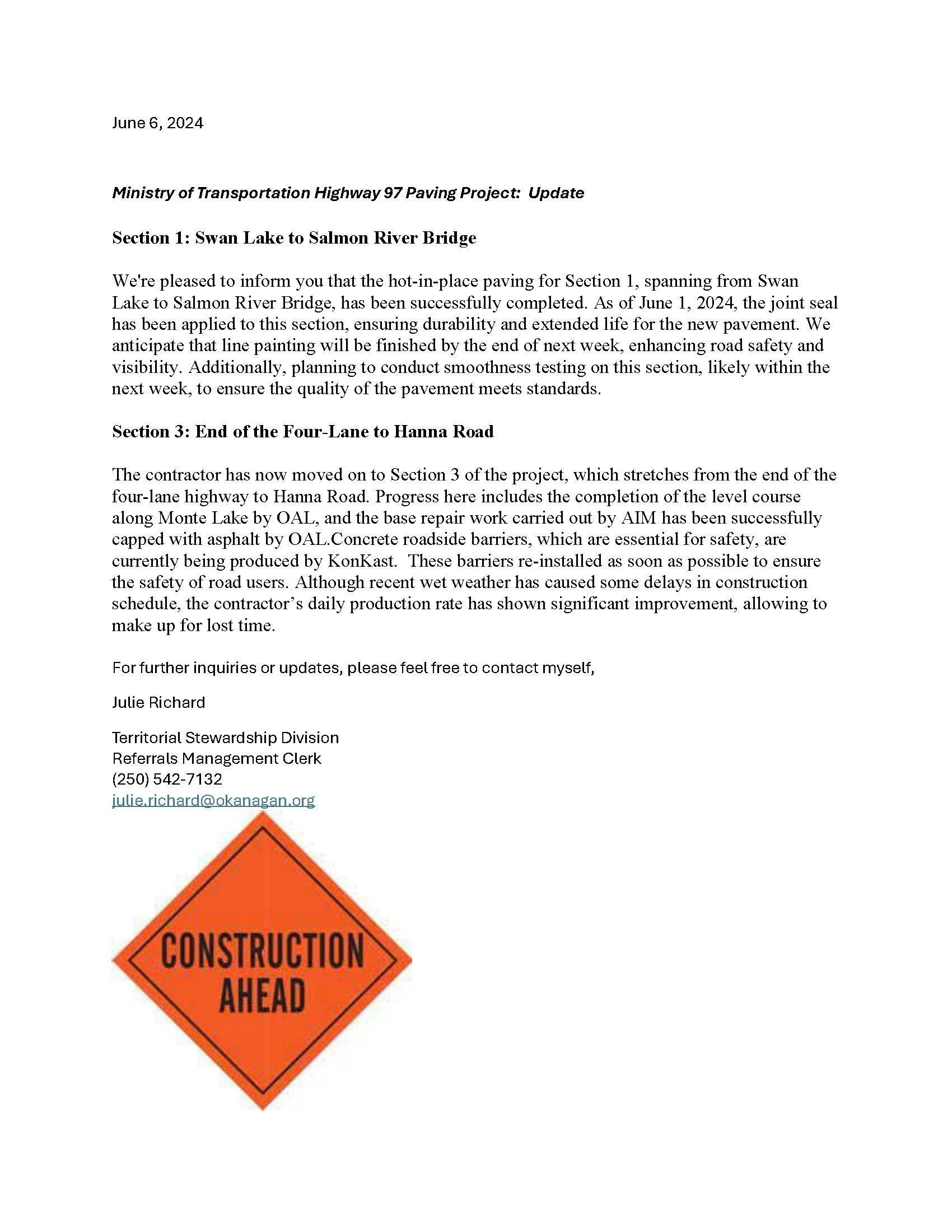 Ministry of Transportation Highway 97 Paving Project: Update