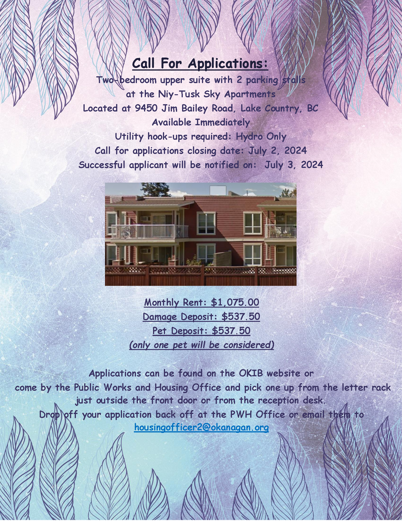 Call For Applications: Two-bedroom upper suite on Duck Lake Reserve