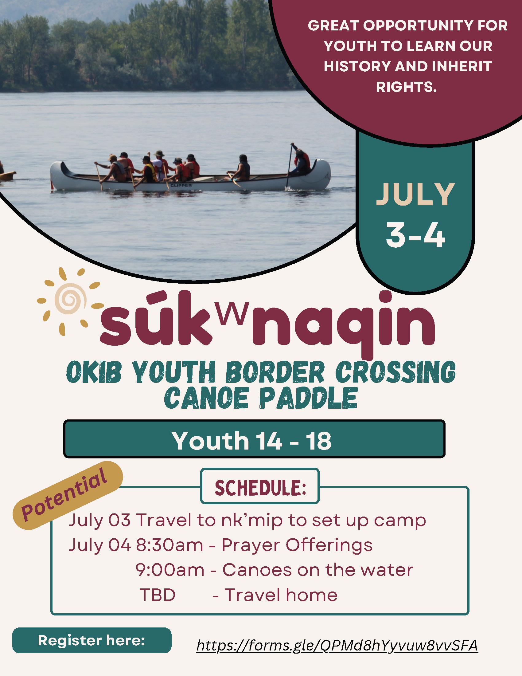 Registration for interest in potential OKIB Youth Osoyoos – Orville cross border paddle on July 4th