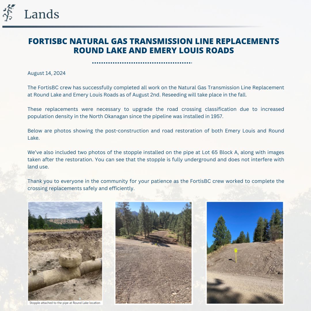 FortisBC gas pipeline replacement project at Round Lake now complete