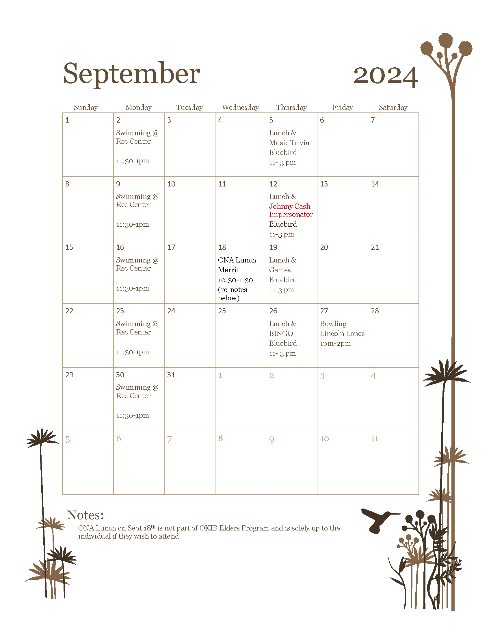September Elders Calendar