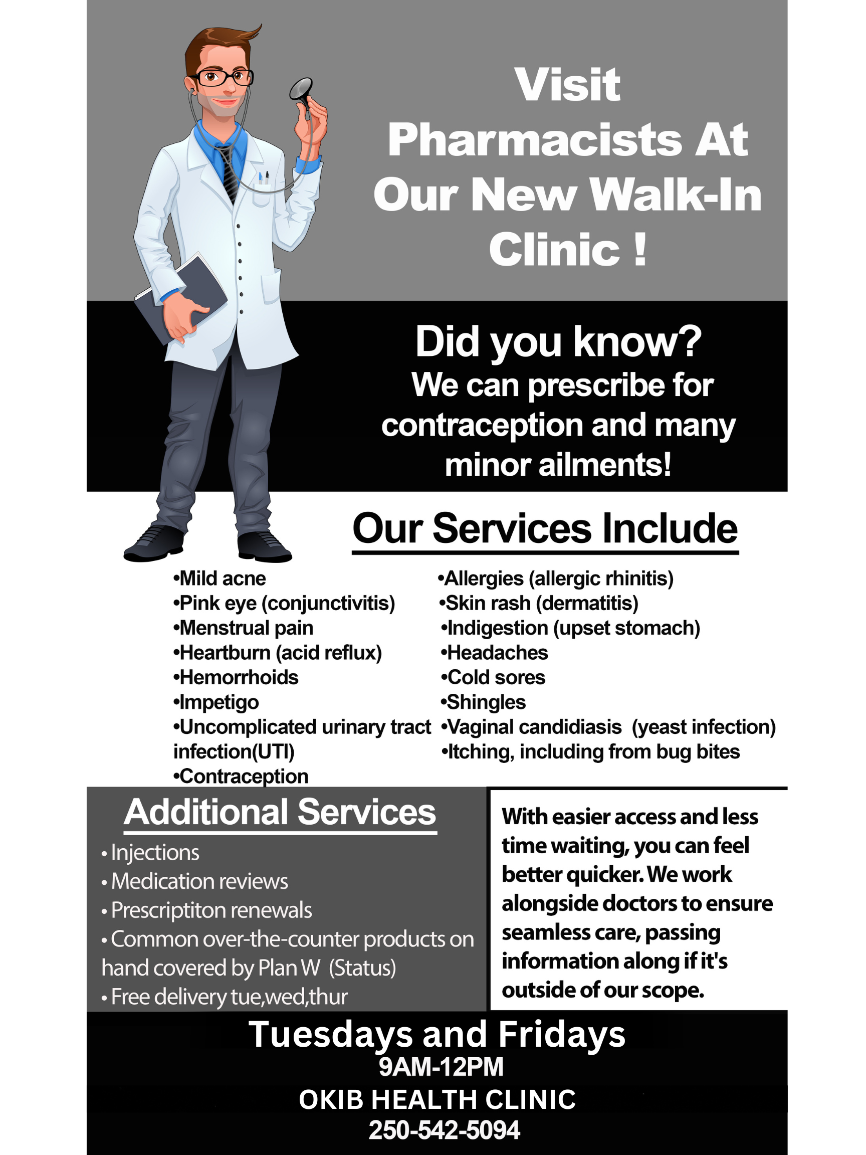 Pharmacist walk in days at the OKIB Health Center – days have changed: Tuesdays and Fridays 9am – 12pm