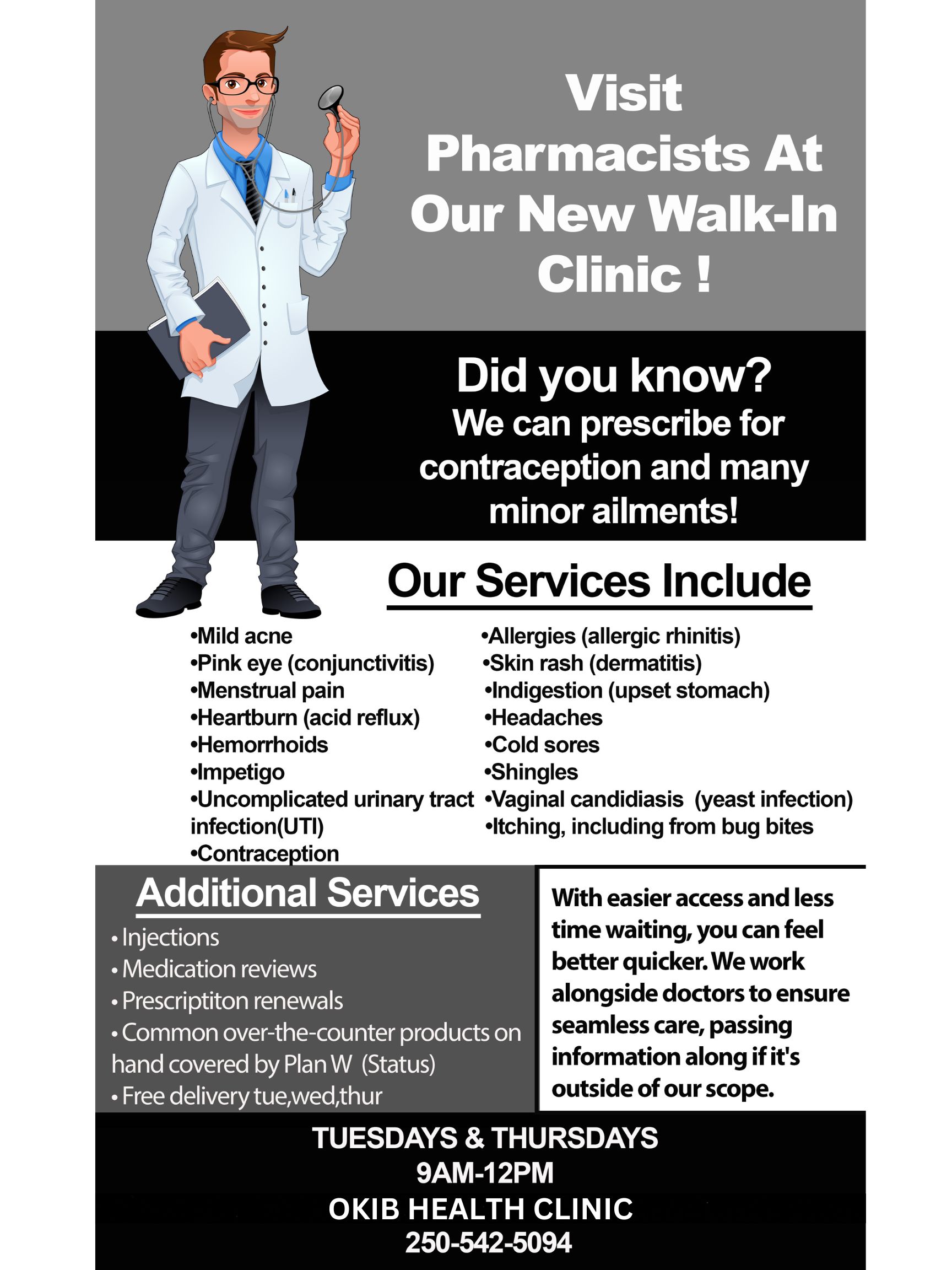 Pharmacist walk in days at the OKIB Health Center – Tuesdays and Thursdays 9am – 12pm
