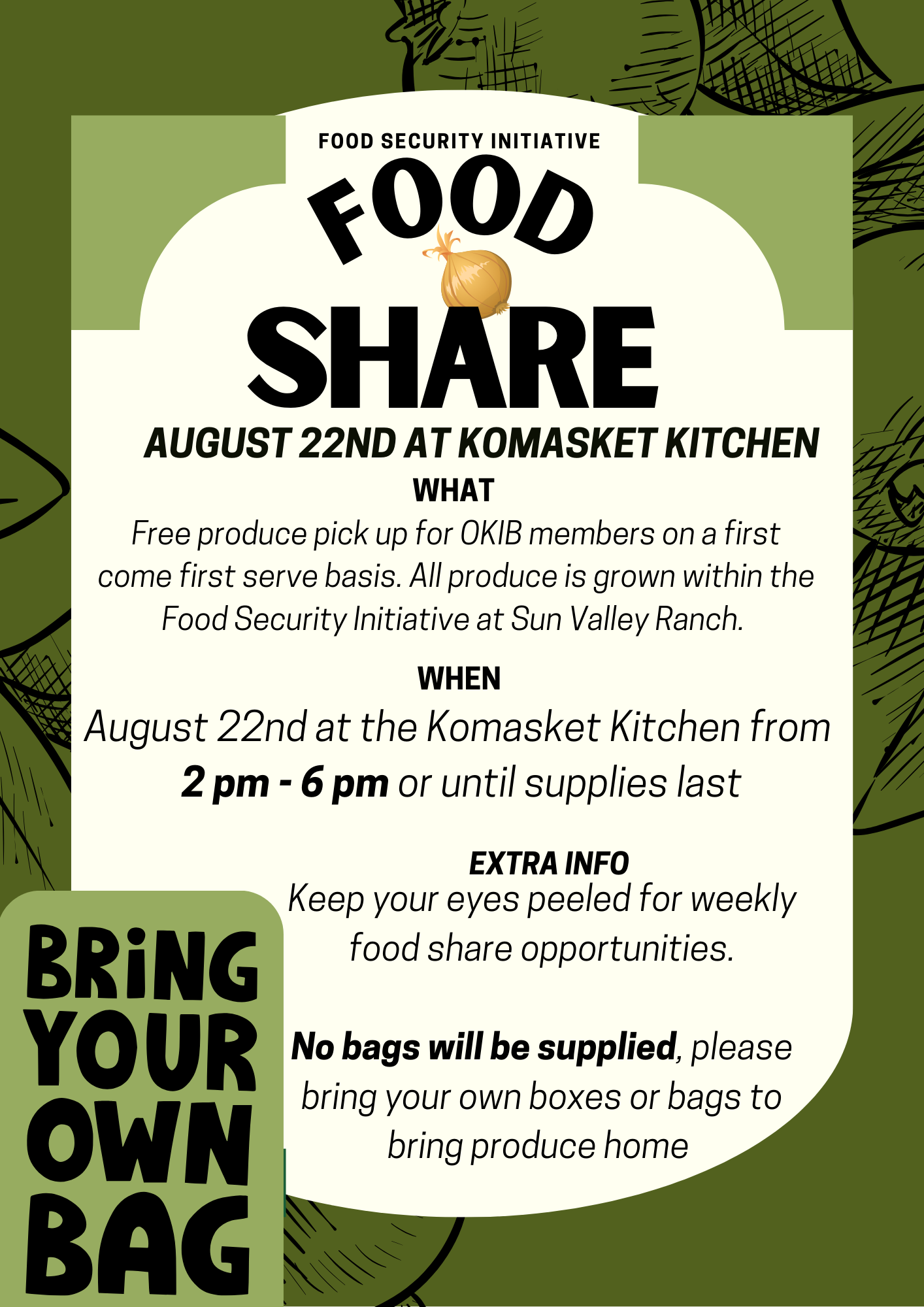 Reminder: Food Share – Komasket Kitchen, August 22nd 2pm-6pm