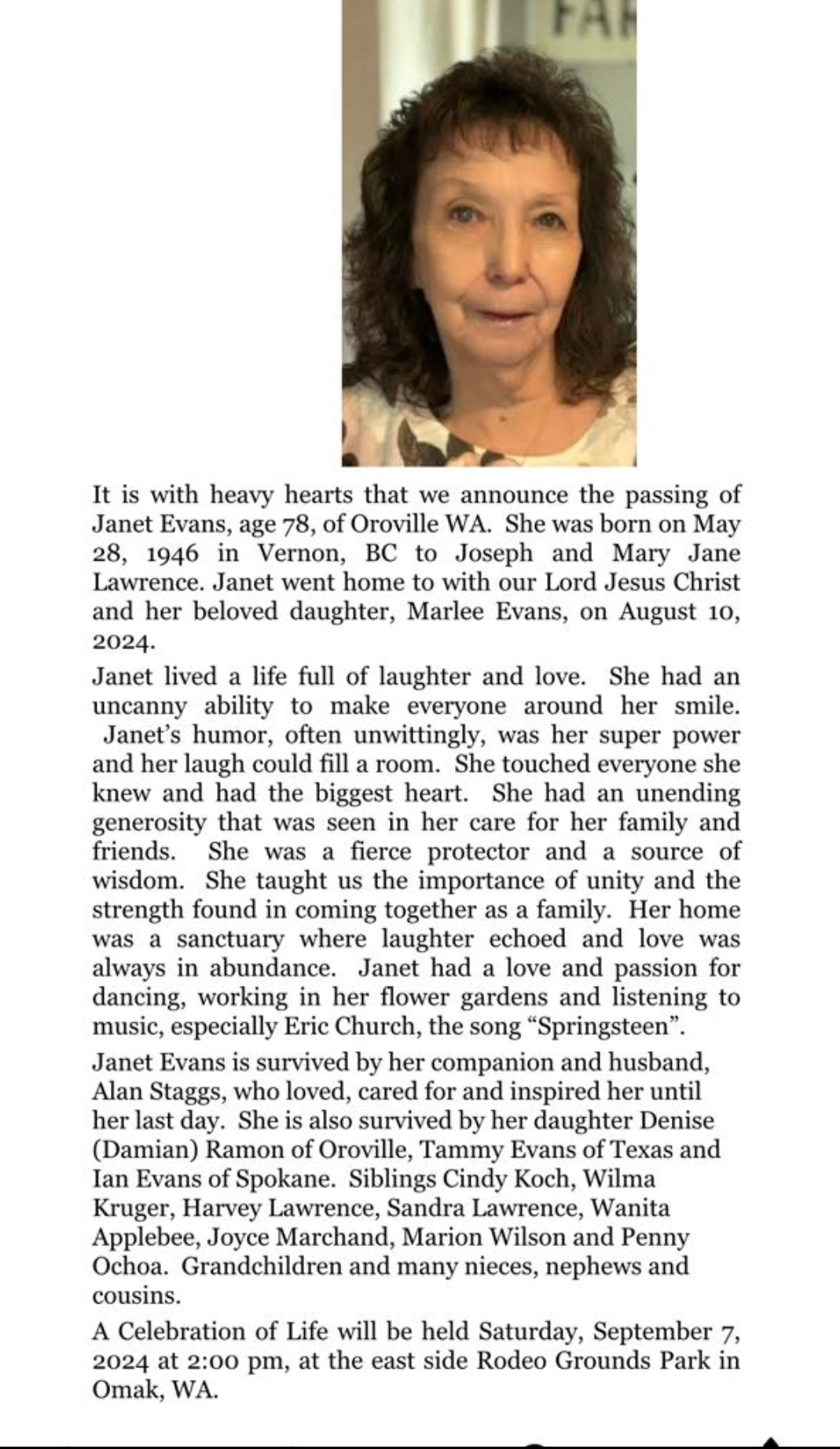 Janet Evans Obituary