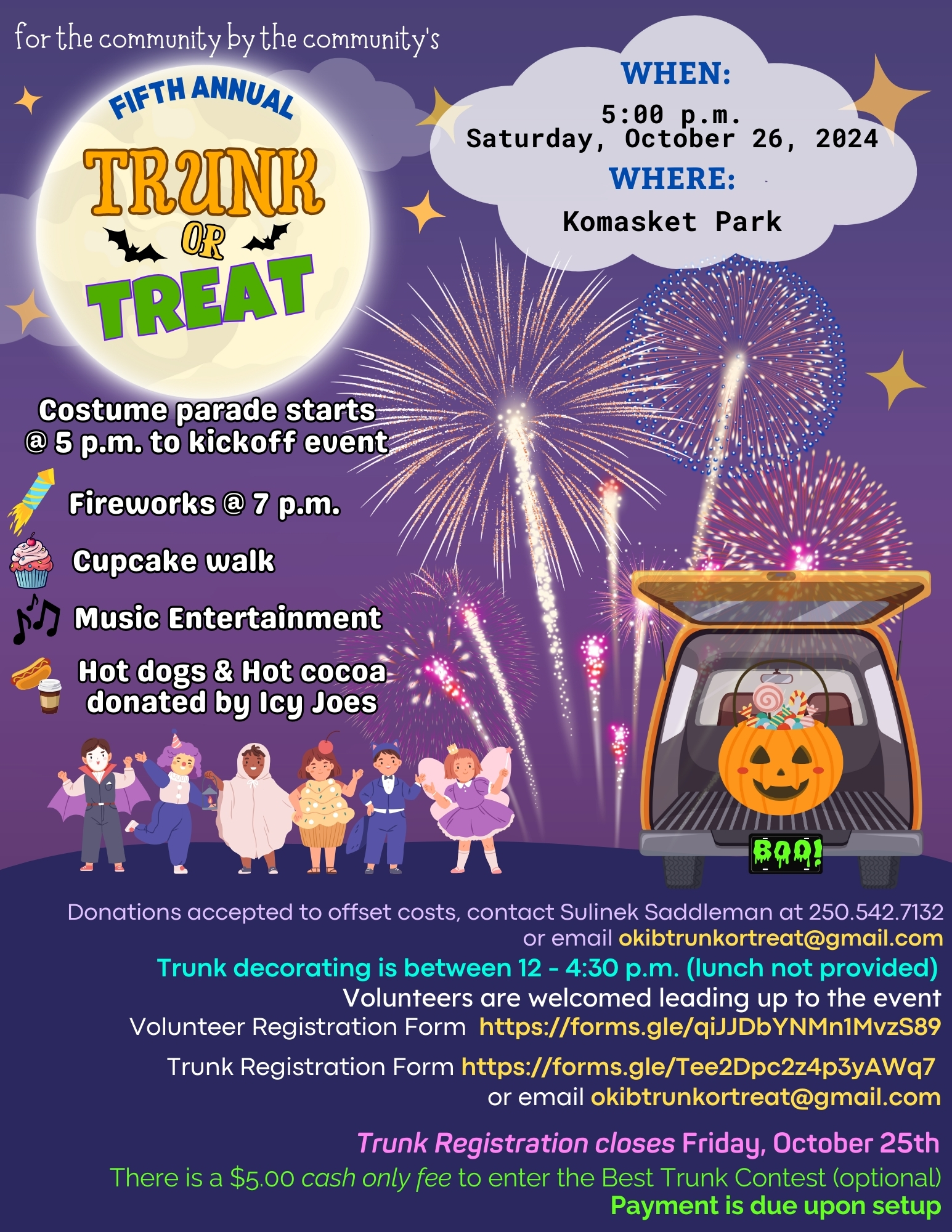 Trunk or Treat 2024 – Saturday October 26th, starting at 5pm at Komasket Park! (Trunk Decorating from 12-4:30pm)