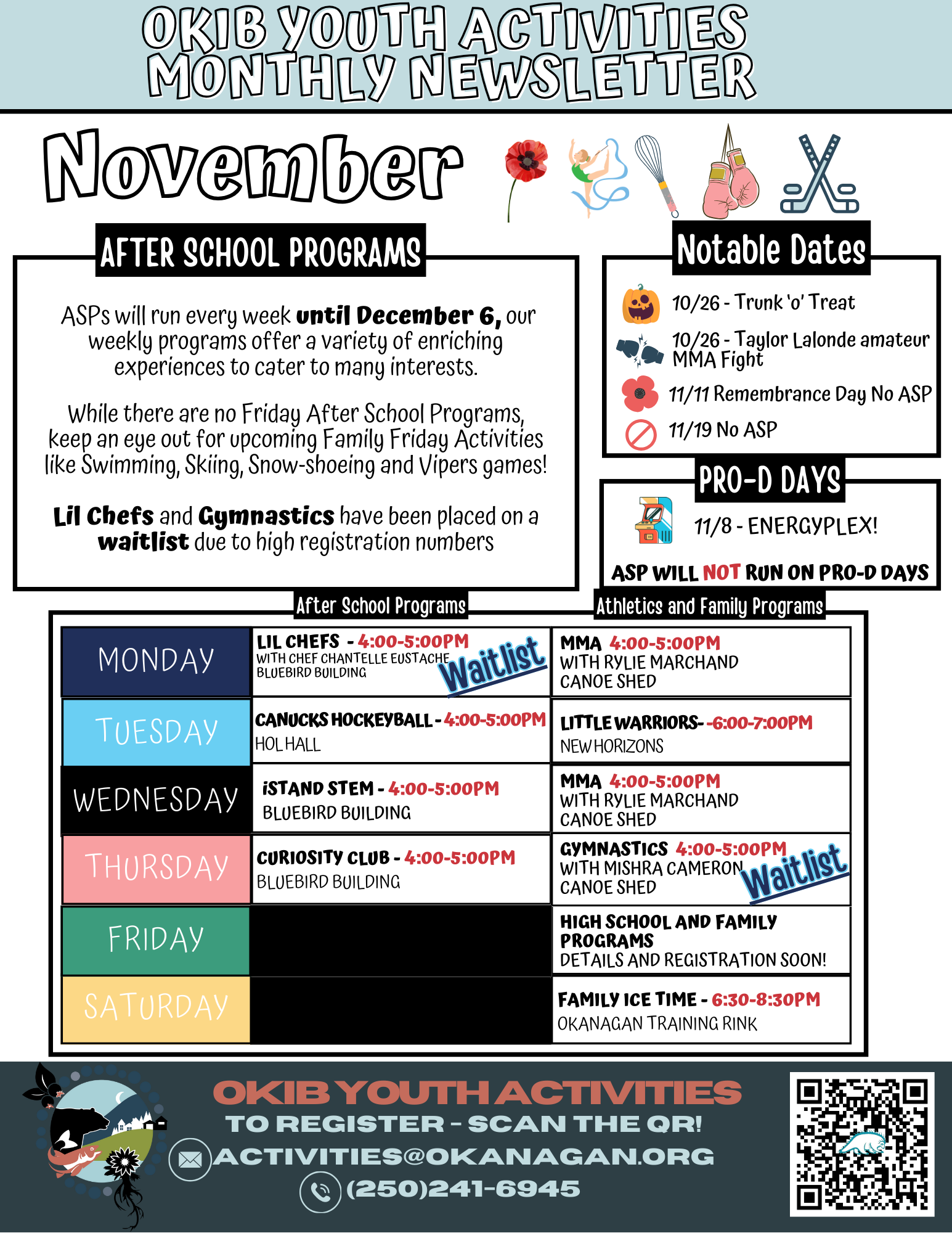 Youth Activities flyer for November