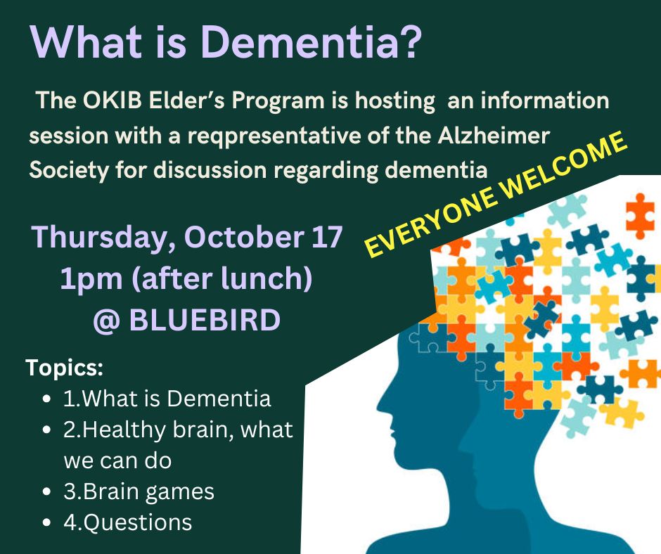 What Is Dementia? – Information session: Thursday October 17th 1pm @ Bluebird building