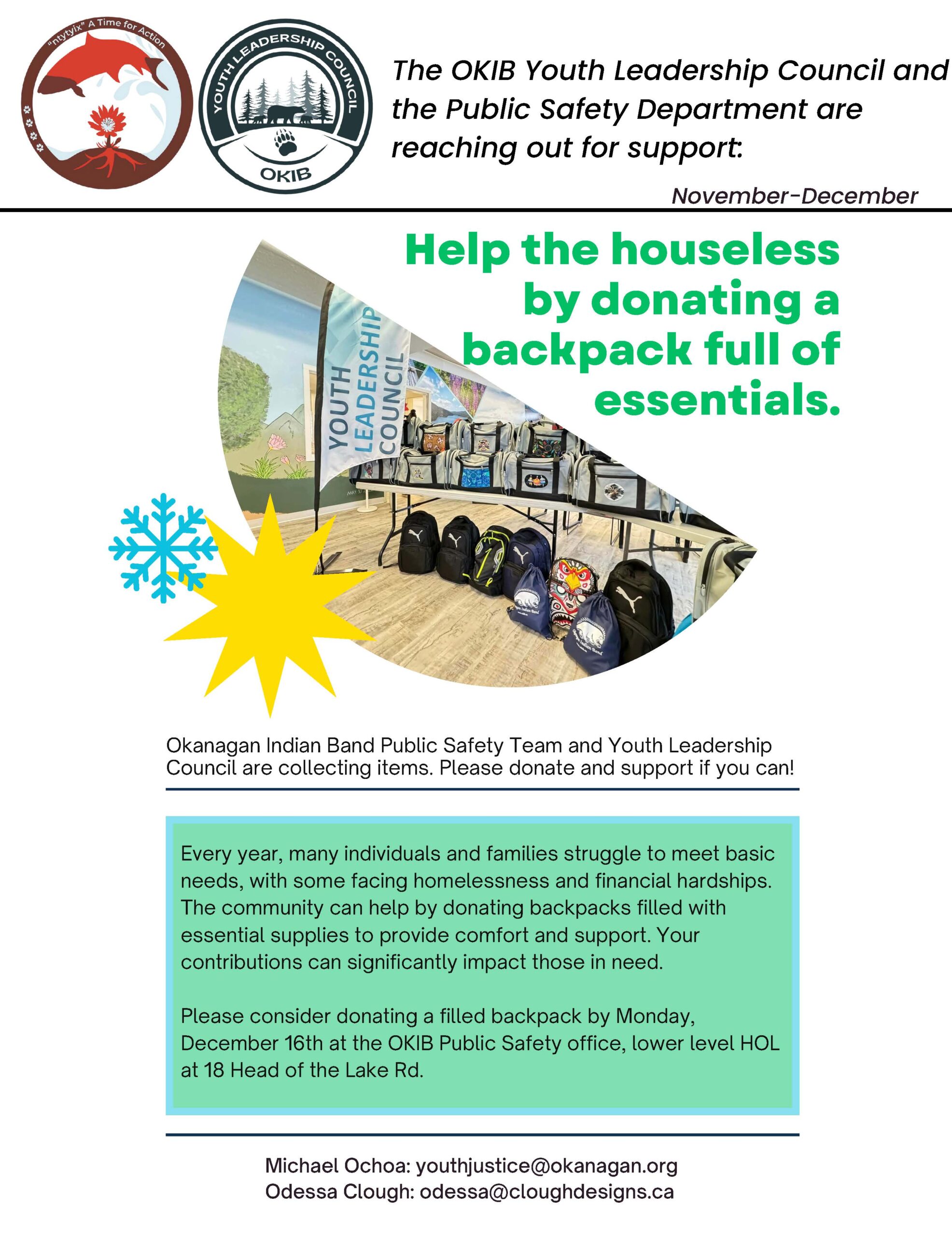Backpacks for the homeless – Public Safety & OKIB Youth Leadership Council
