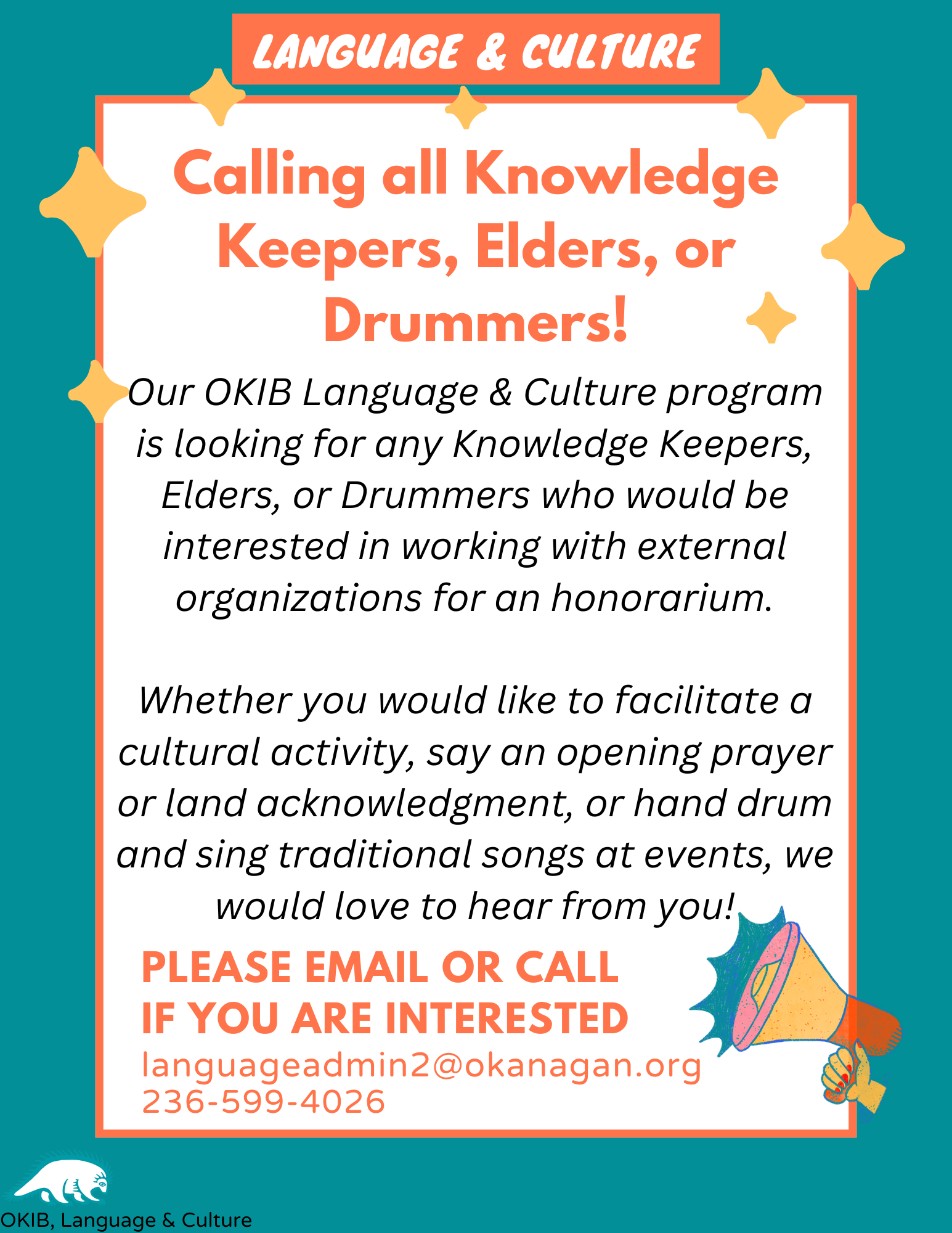 Calling all Knowledge Keepers, Elders or Drummers!