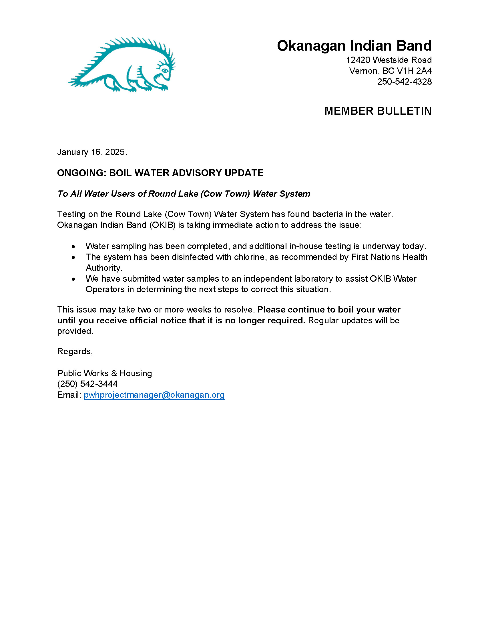 Ongoing: Round Lake (Cow Town) Water System Boil Water Advisory Update