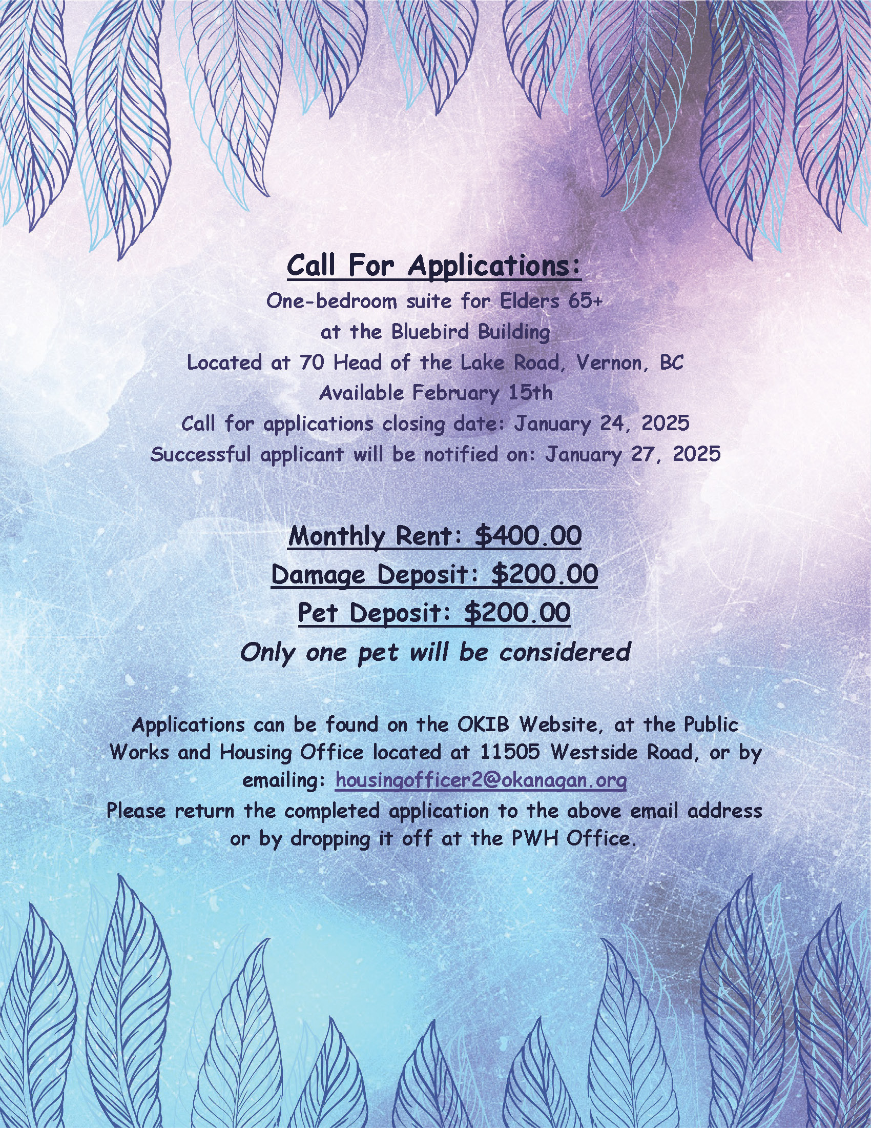 Call for Applications – 1 Bedroom Unit in the Bluebird building