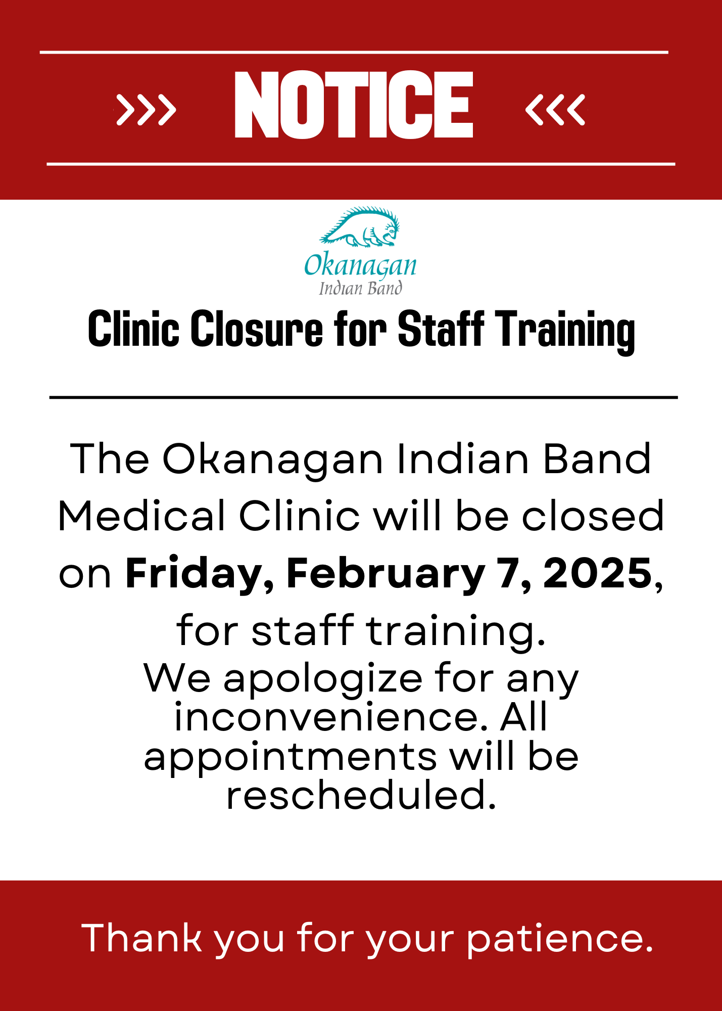 OKIB Health Clinic closure for Staff Training on February 7th