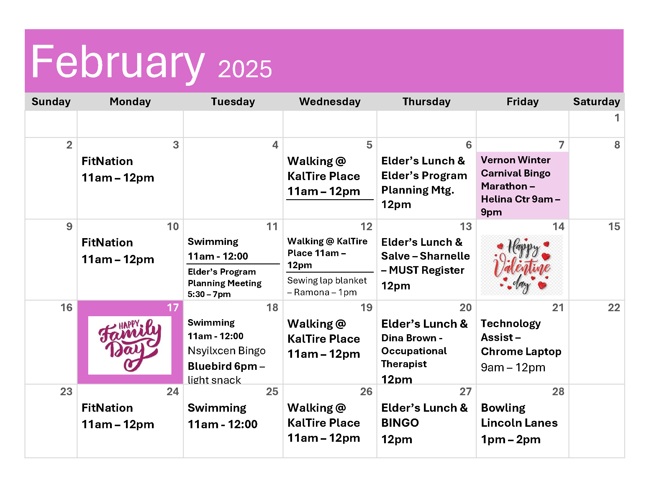 Elders Events calendar for February