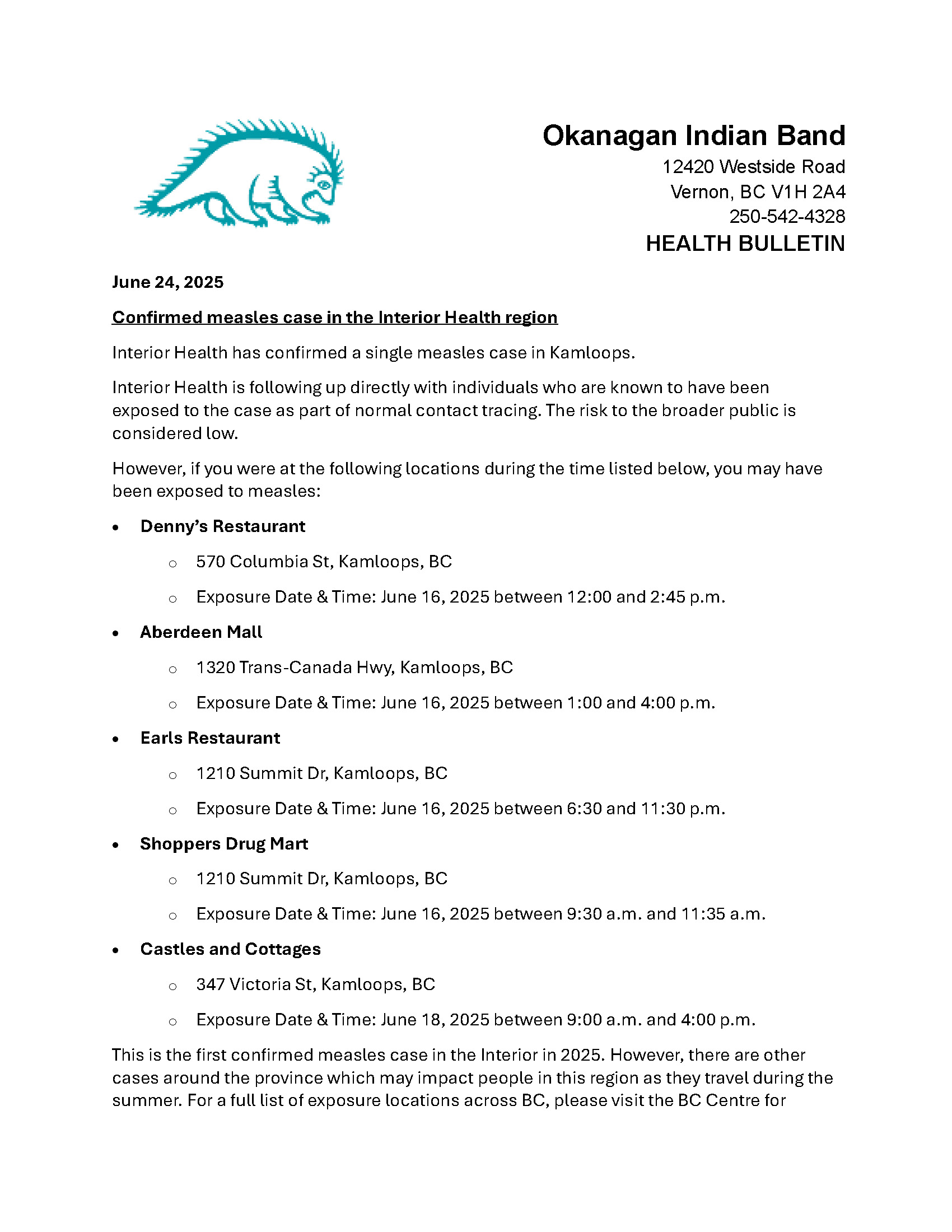 Conﬁrmed measles case in the Interior Health region
