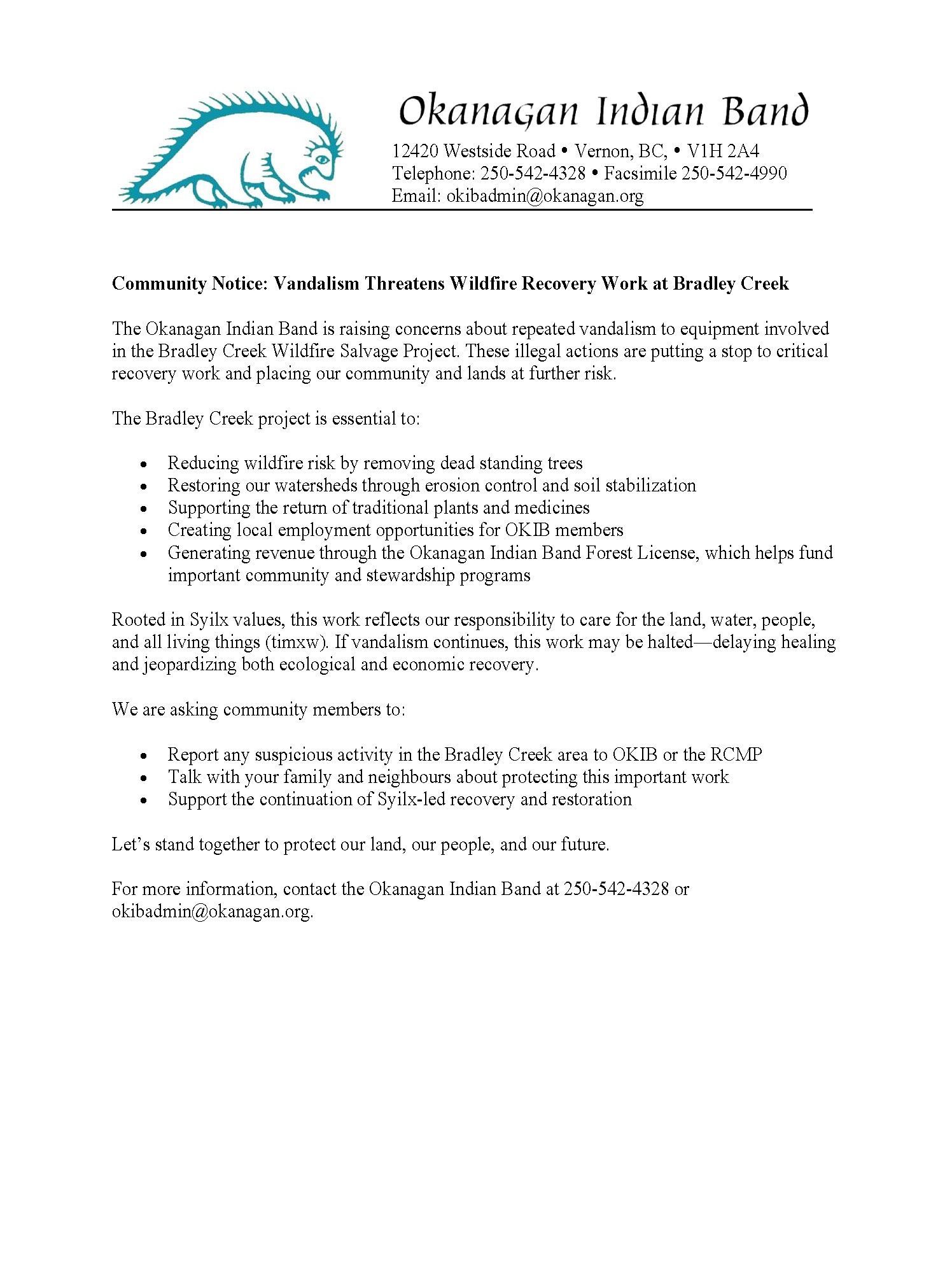 Community Notice: Vandalism Threatens Wildfire Recovery Work at Bradley Creek