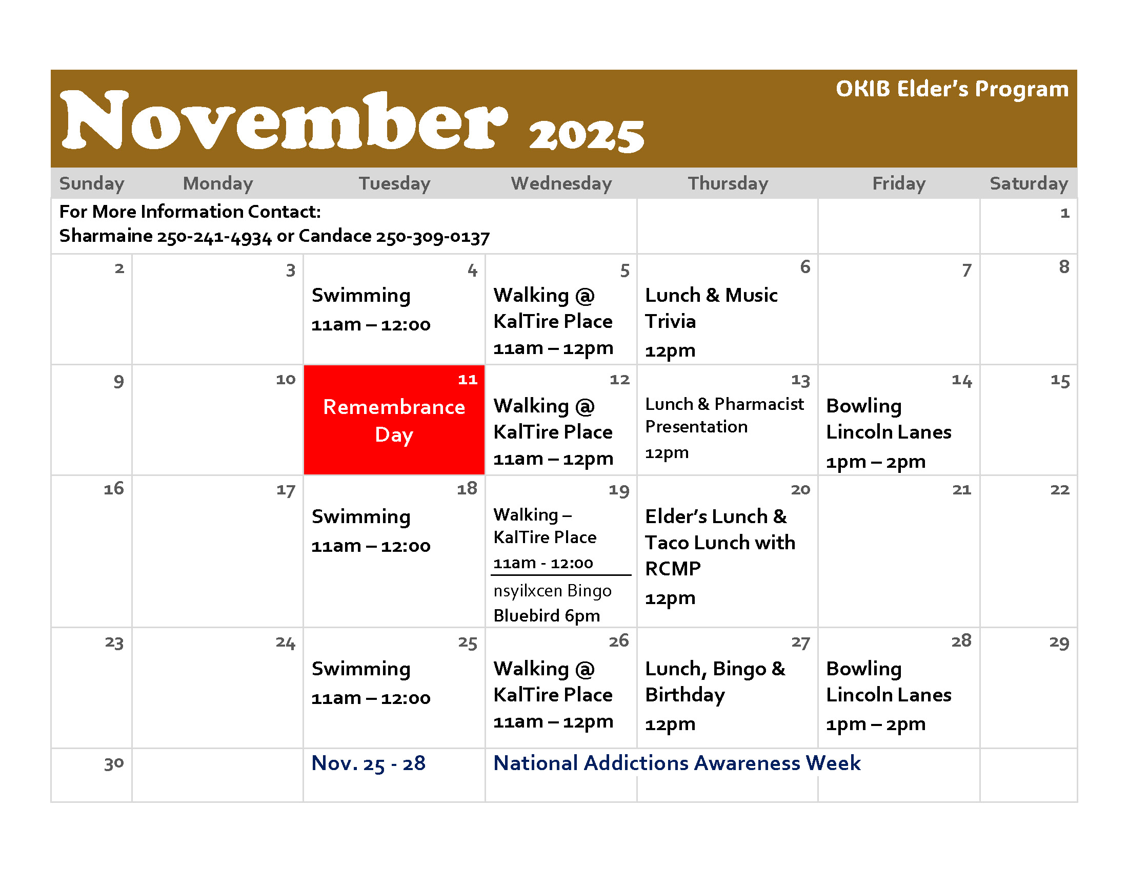 Updated November Elders events calendar