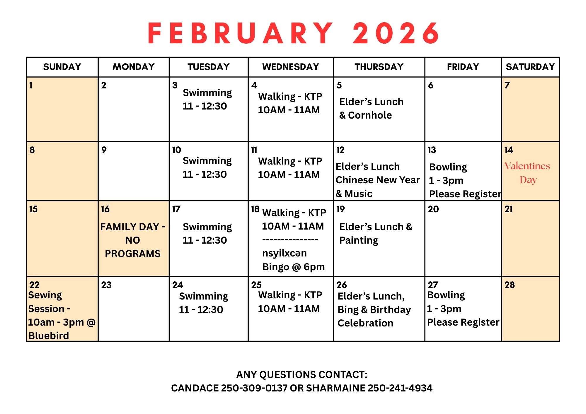 February Elder’s Events Calendar