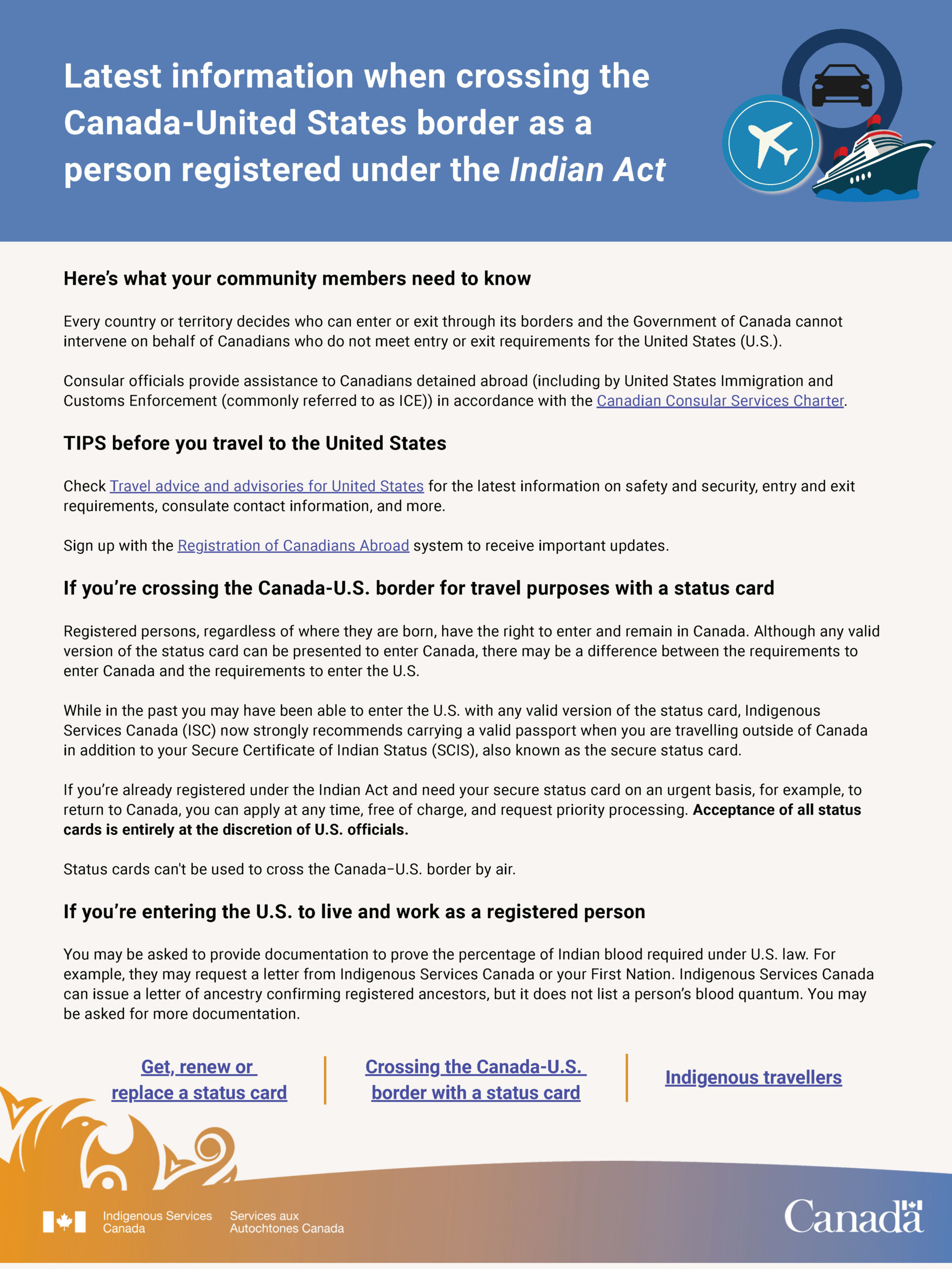 Notice from Indigenous Services Canada – Latest information when crossing the Canada-United States border as a person registered under the Indian Act