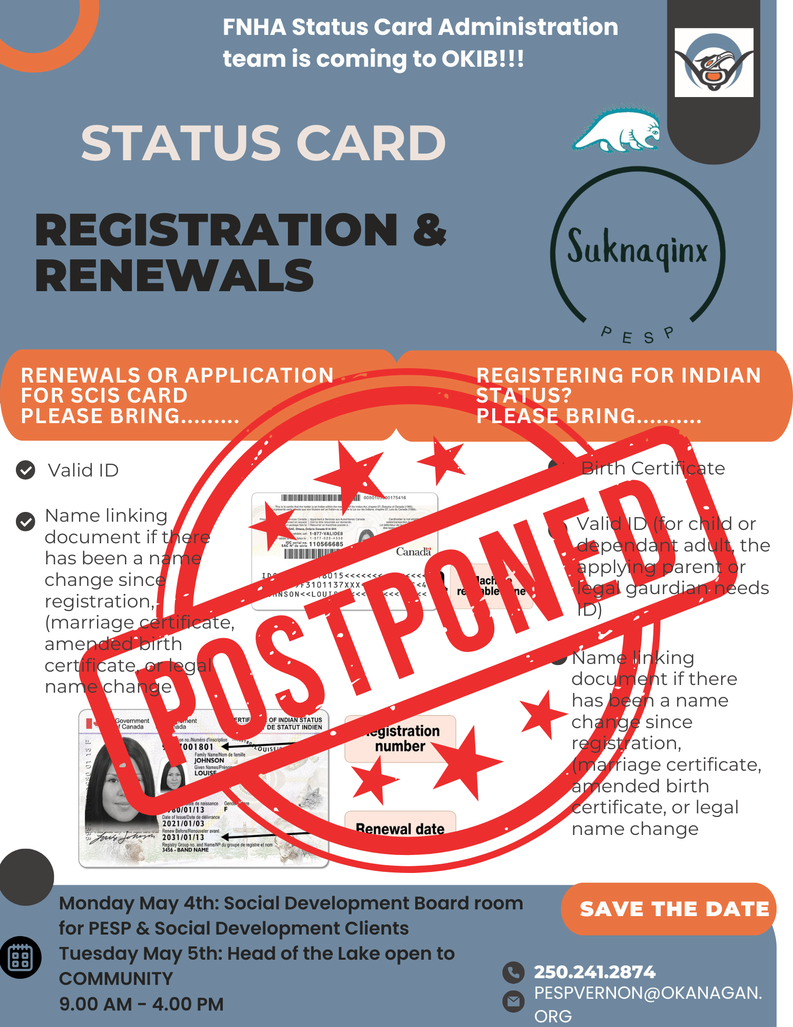 Status Card Registration and Renewals workshop postponed