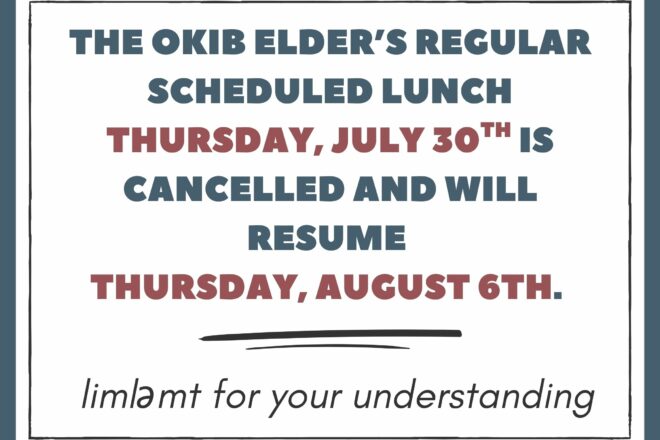 Elders lunch cancelled – July 30th