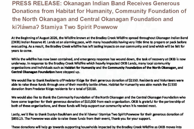 PRESS RELEASE: Okanagan Indian Band Receives Generous Donations from Habitat for Humanity Okanagan, Community Foundation of the North Okanagan and Central Okanagan Foundation and kiʔláwnaʔ Stamiya Two Spirit Powwow